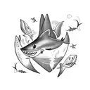 A black cat with shark fins and a tail, merging the two passions in a bold blackwork design tattoo design idea
