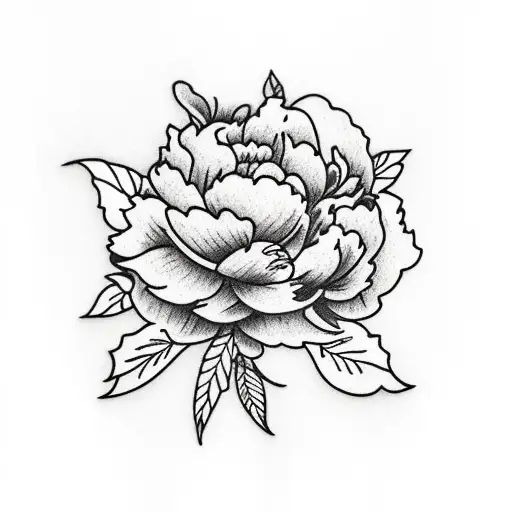 Colored peony with leaves tattoo design idea