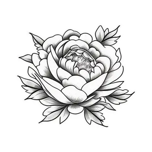 Peony with leaves with colors tattoo design idea