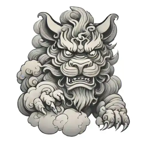 foo dog surrounded by clouds  tattoo design idea
