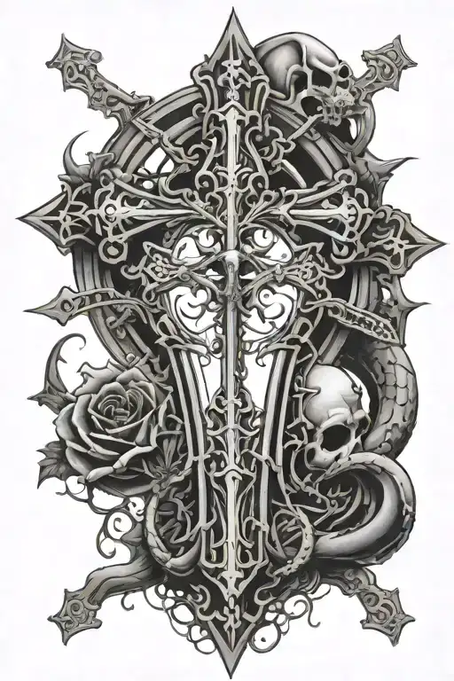 gothic cross with a snake wrapped around if and small skeletons crawling towards it at the base tattoo design idea