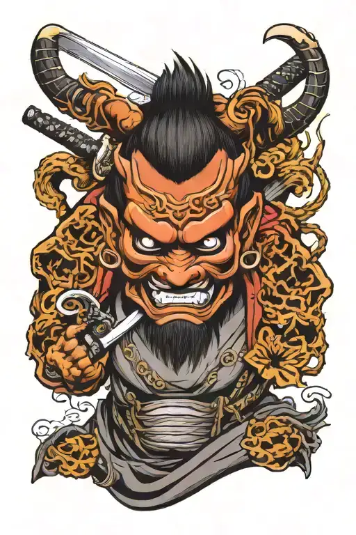 oni mask and samurai warrior holding katana tattoo design idea