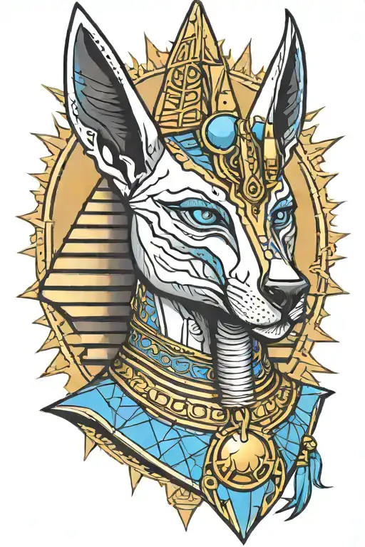 anubis tattoo with blue in eyes and skull underneath also with blue eyes while in background pyramids and sun tattoo design idea