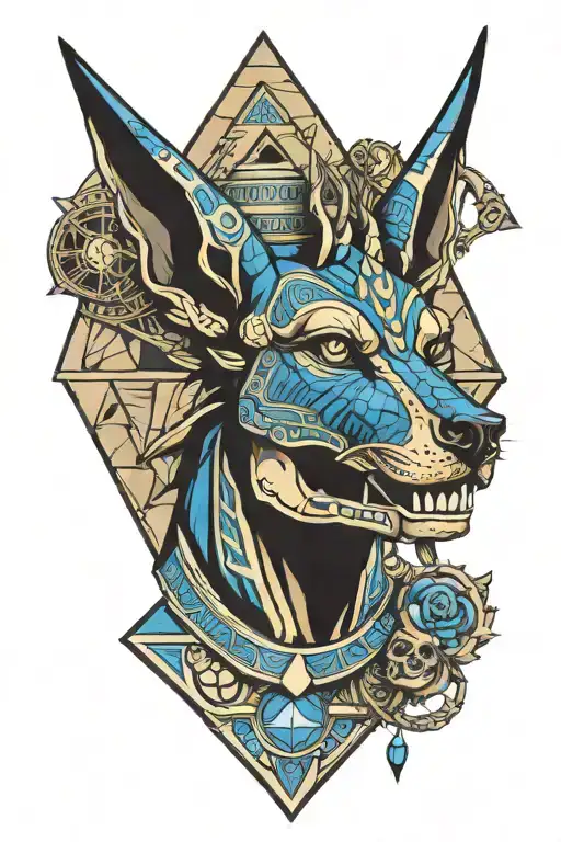 Anubis head with a skull underneath and background pyramids with his eyes and the skulls' eyes in blue. tattoo design idea