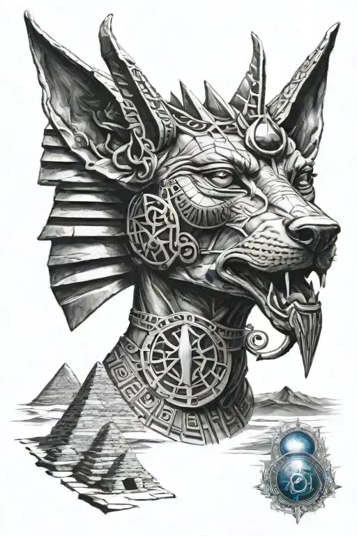 anubis tattoo with blue in eyes and skull underneath also with blue eyes while in background pyramids and sun tattoo design idea