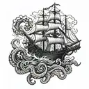 navy ship with kraken attacking tattoo design idea