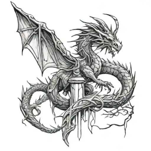 dragon, willow tree, sword in the stone sculpture tattoo design idea