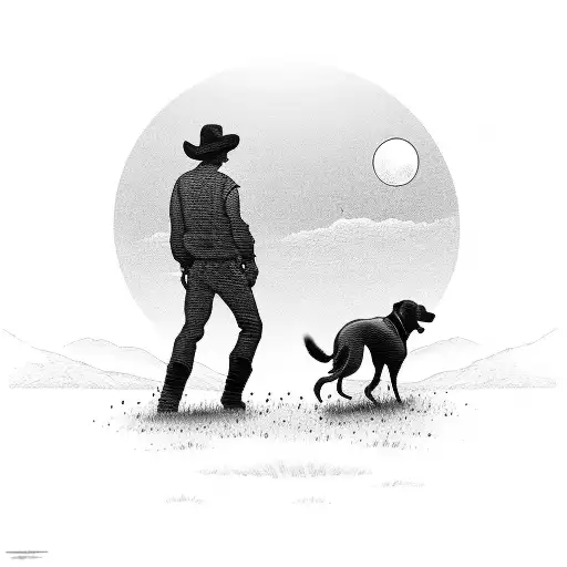 A silhouette of a farmer with his loyal dog overlooking a beautiful Kentucky sunset tattoo design idea