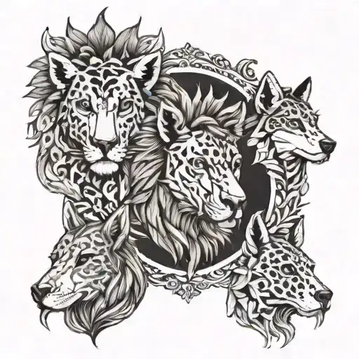 Giraffe, Lion, Wolf, and Alpaca mixed breed tattoo design idea