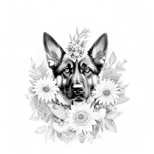 German shepherd portrait with a wreath of flowers as a memorial tribute tattoo design idea