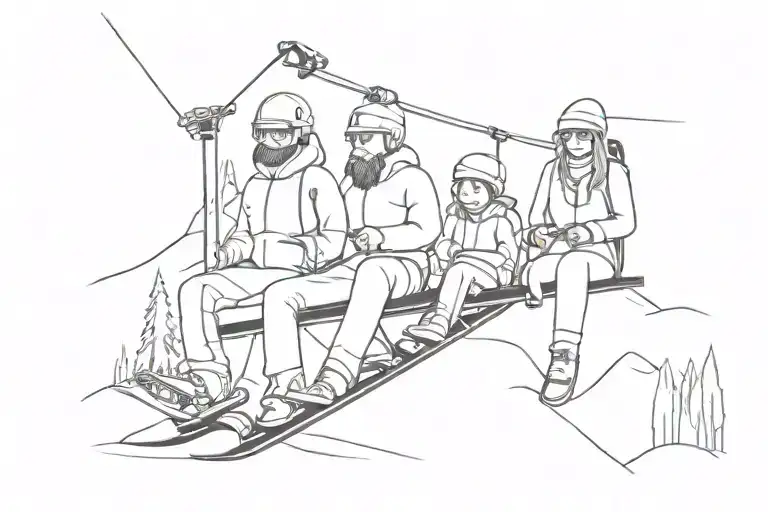 family of three, man, wife and daughter on chair lift with skis and snowboard tattoo design idea