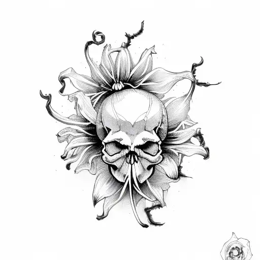 skull with black spider lily tattoo design idea