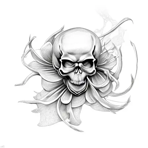 skull and black spider lily coming out of it tattoo design idea