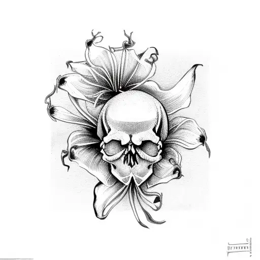 skull with black spider lily tattoo design idea