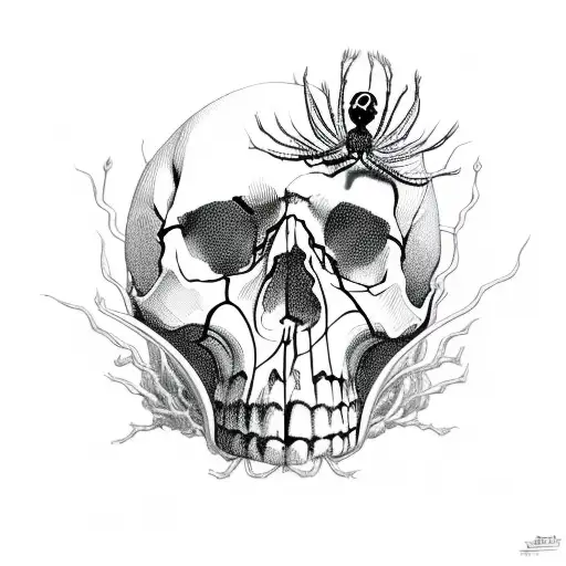 skull and black spider lily coming out of it tattoo design idea
