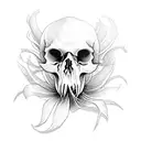 skull and black spider lily coming out of it tattoo design idea