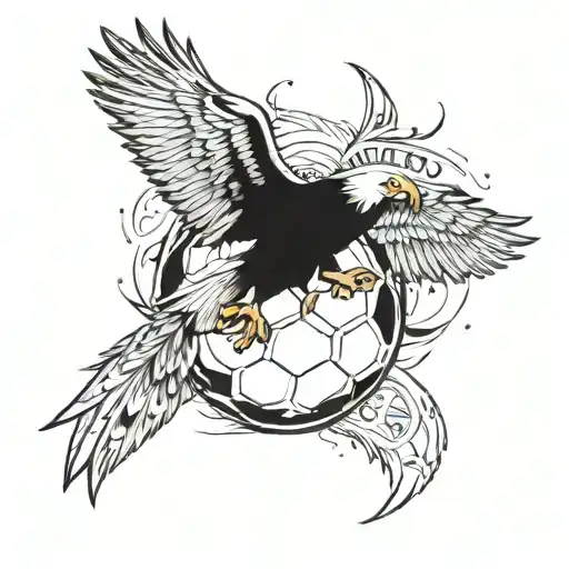 Incorporate the iconic eagle logo of Club America into a soccer ball design, with the names of your wife and children subtly hidden within the feathers tattoo design idea
