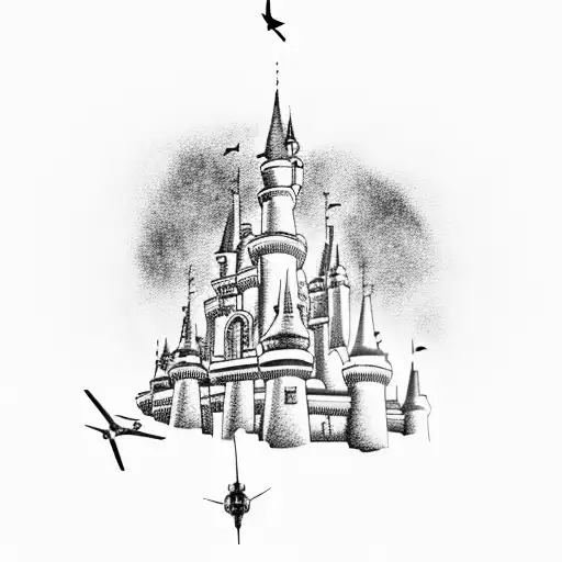 A silhouette of an aircraft flying over Cinderella's castle tattoo design idea