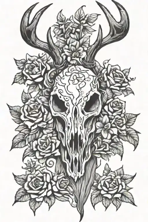 deer skull flowers tattoo design idea