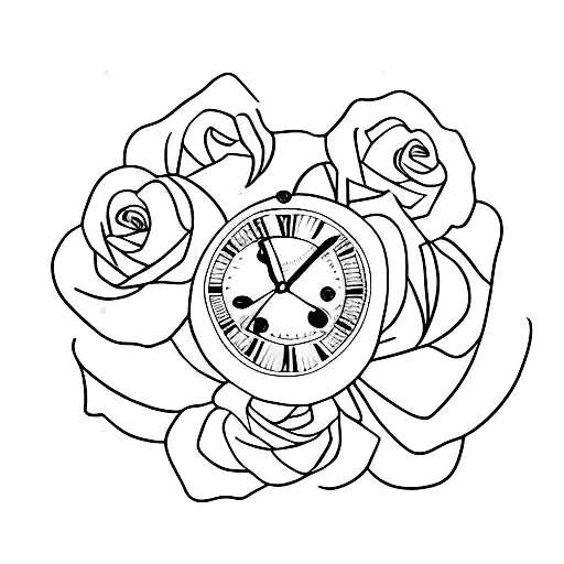clock with roses tattoo design idea