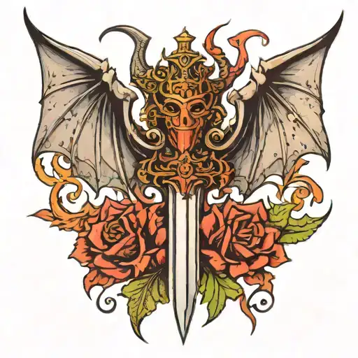 two wing one devil second bat wing a sword in centre of both of them tattoo design idea