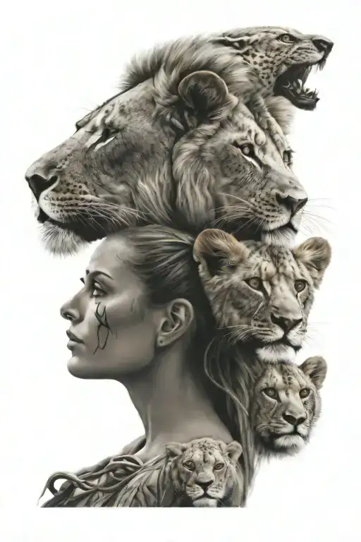 womens face with lion mask 3 lion cubs tattoo design idea