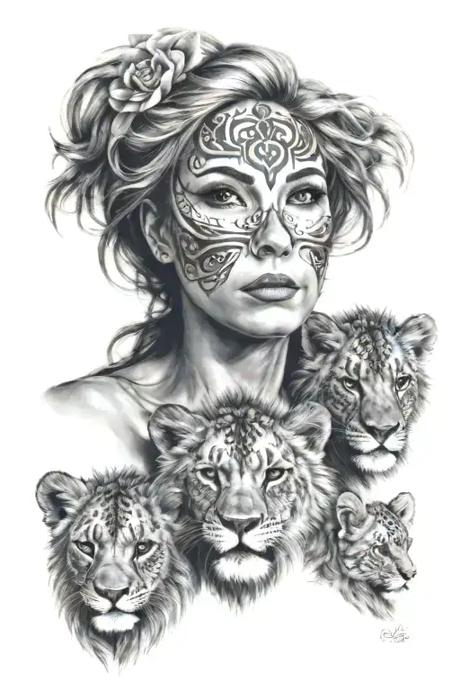 womens face wearing a lion mask and 3 lion cubs to show a mother and her babies tattoo design idea