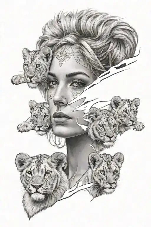womens face wearing lion mask and 3 lion cubs tattoo design idea