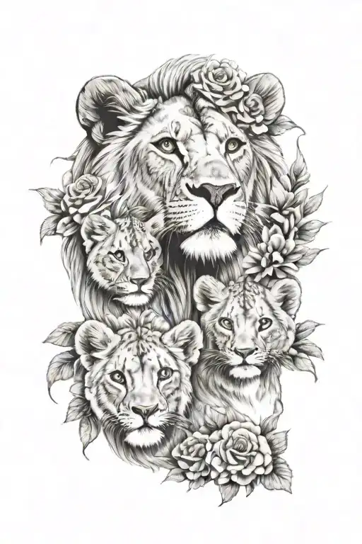 A mother lion with three lion cubs, each representing one of your children, surrounded by a wreath of flowers tattoo design idea