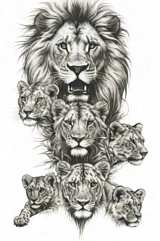 womens face behind lions and 3 lion cubs tattoo design idea