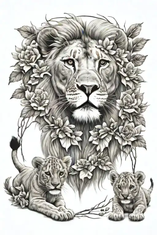 A mother with three lion cubs, each representing one of your children, surrounded by a wreath of flowers tattoo design idea