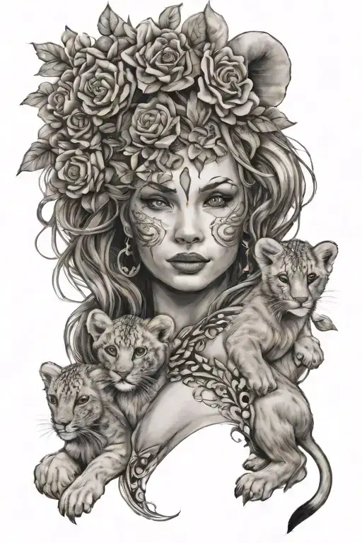 A women with a lion mask with three lion cubs, each representing one of your children, surrounded by a wreath of flowers tattoo design idea