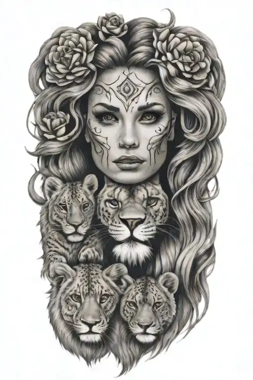 independent women with lion mask and 3 lion cubs tattoo design idea