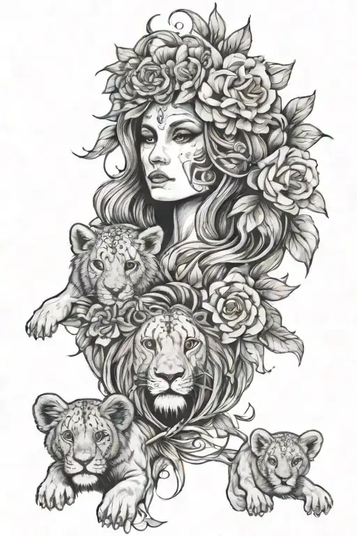 A women with a lion mask with three lion cubs, each representing one of your children, surrounded by a wreath of flowers tattoo design idea