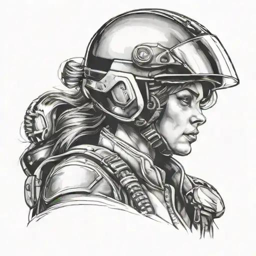 A black and grey portrait of a strong woman with a motorcycle helmet, representing your journey from a rough past to a proud present tattoo design idea
