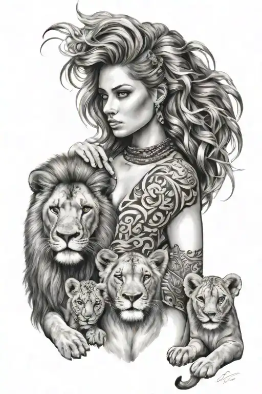 stong women with 3 lion cubs  tattoo design idea