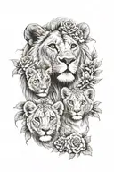 A mother lion with three lion cubs, each representing one of your children, surrounded by a wreath of flowers tattoo design idea