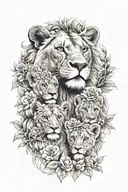 A mother lion with three lion cubs, each representing one of your children, surrounded by a wreath of flowers tattoo design idea