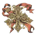 cross, with ribbon wrapped around twice. on ribbon put the birthdays, March 13 1974, and December 21 1973 roman numerals tattoo design idea