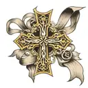 cross, with ribbon wrapped around twice. on ribbon put the birthdays, March 13 1974, and December 21 1973 roman numerals tattoo design idea