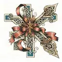cross, with ribbon wrapped around twice. on ribbon put the birthdays, March 13 1974, and December 21 1973 roman numerals tattoo design idea