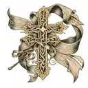 cross, with ribbon wrapped around twice. on ribbon put the birthdays, March 13 1974, and December 21 1973 roman numerals tattoo design idea