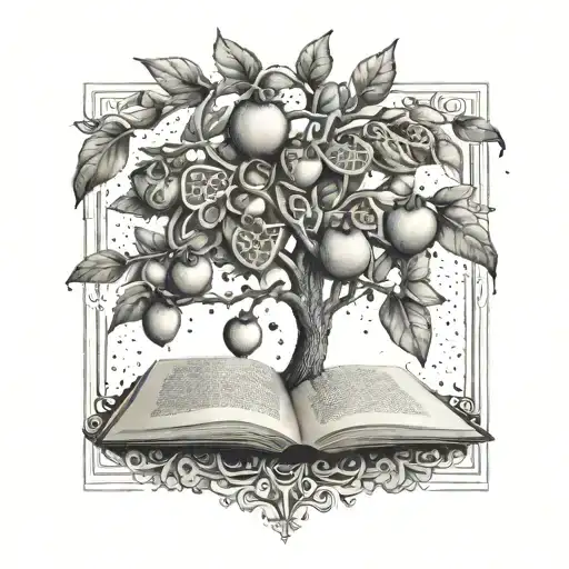 A dotwork tattoo of a pomegranate tree with books as fruits, symbolizing the love for reading and learning languages  tattoo design idea