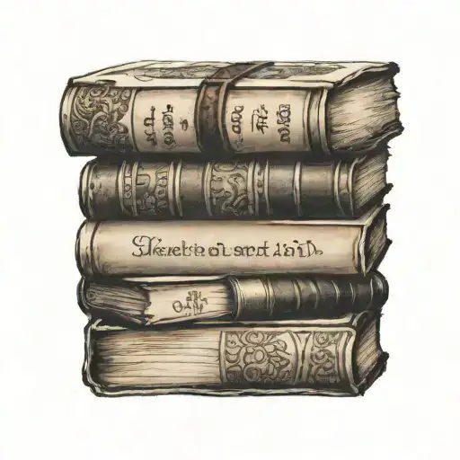 tattoo of a stack of books with english, Korean, Italian and Thai, on the spines tattoo design idea
