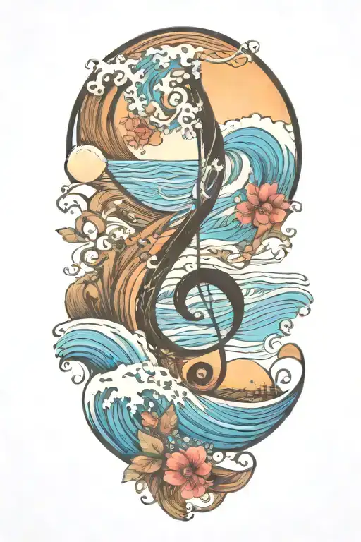 combining musical notes with waves crashing on the beach tattoo design idea