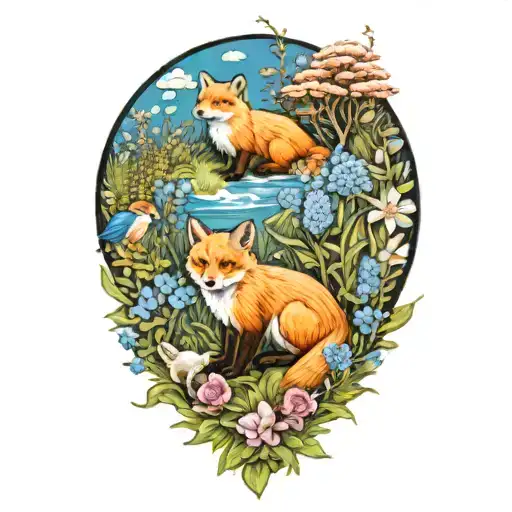 a fox, bear, squirrel, rabbit, and a blue penguin in a field of blue flowers tattoo design idea