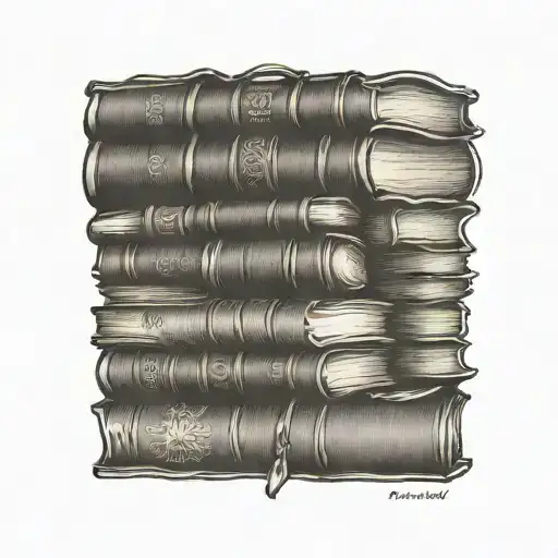 tattoo of a stack of books with english, Korean, Italian and Thai, on the spines tattoo design idea