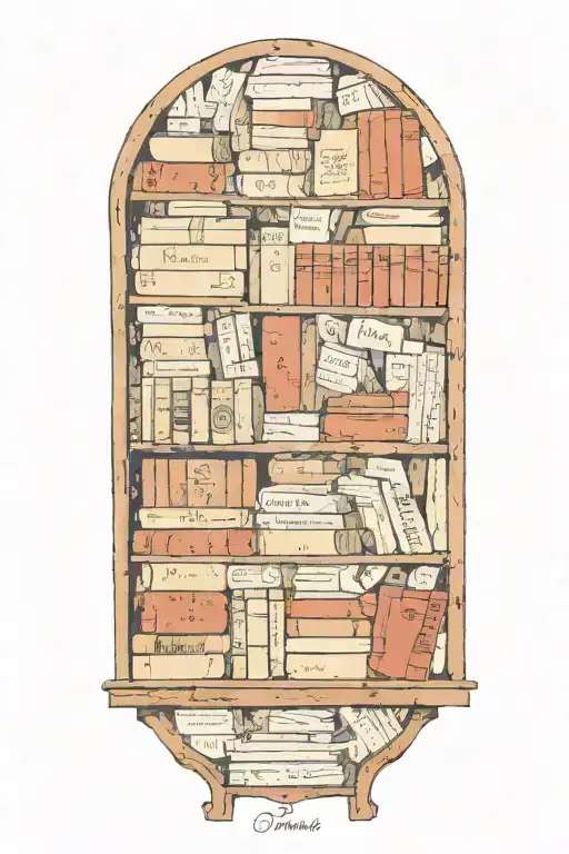 a bookshelf filled with books in various languages, surrounded by passport stamps from different countries tattoo design idea