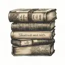 tattoo of a stack of books with english, Korean, Italian and Thai, on the spines tattoo design idea