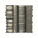 tattoo of a stack of books with english, Korean, Italian and Thai, on the spines tattoo design idea